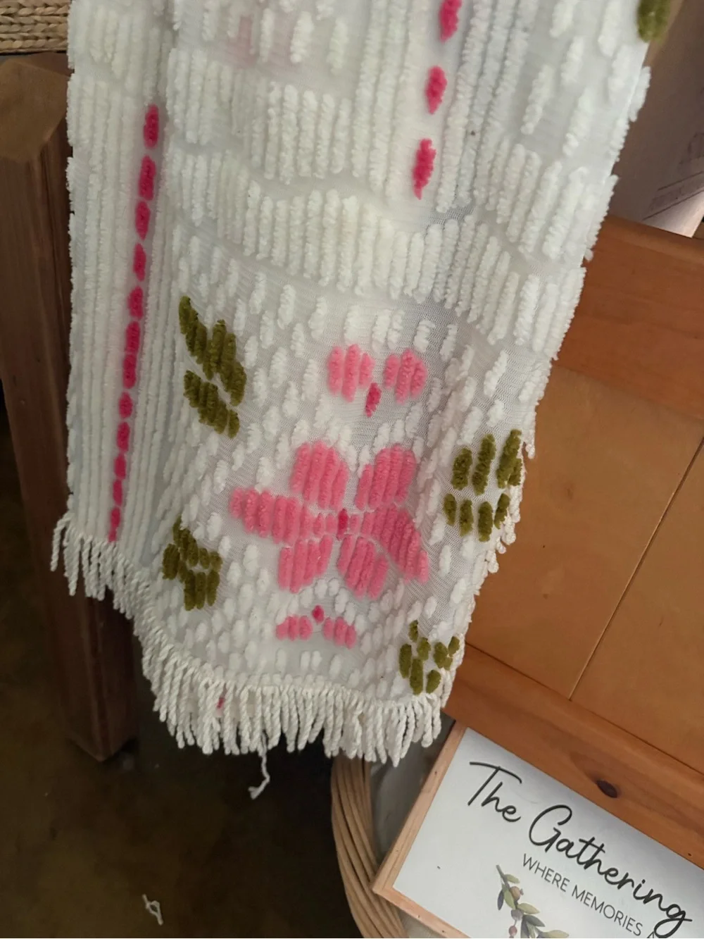 White Chenille Throw Blanket with Pink Floral Pattern